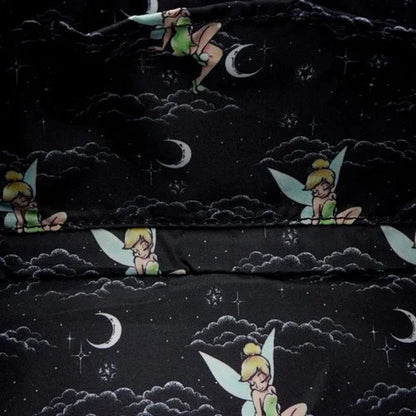 Inside of Black Loungefly Peter Pan Tinker Bell Pixie Dust Crossbody Bag with fabric with Tinker Bell character pattern and clouds and moons on a dark background