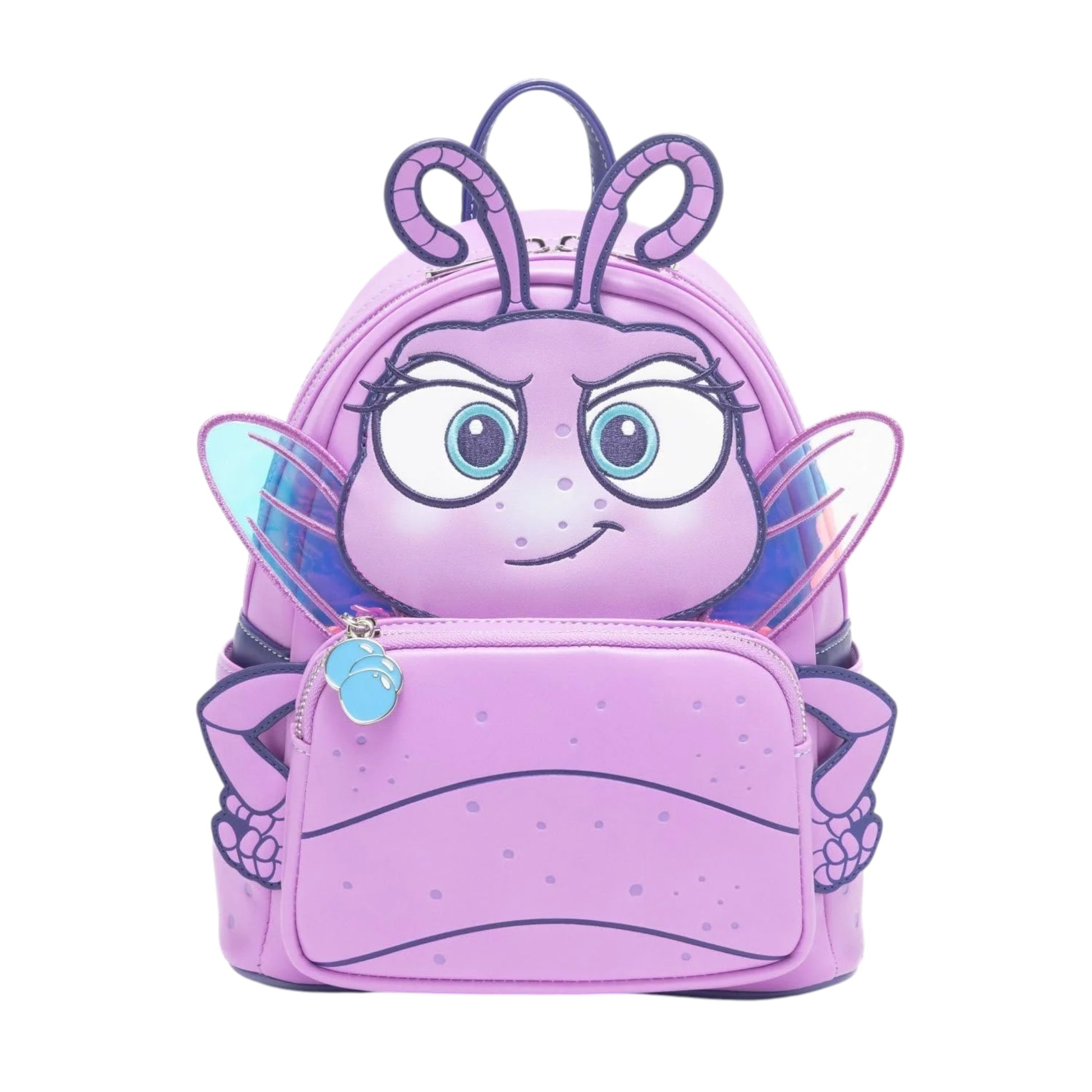 Loungefly Pixar A Bug's Life Princess Dot Cosplay Mini Backpack with Princess Dot character with her hands on her hips on a white background