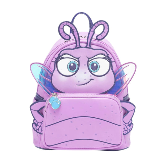 Loungefly Pixar A Bug's Life Princess Dot Cosplay Mini Backpack with Princess Dot character with her hands on her hips on a white background