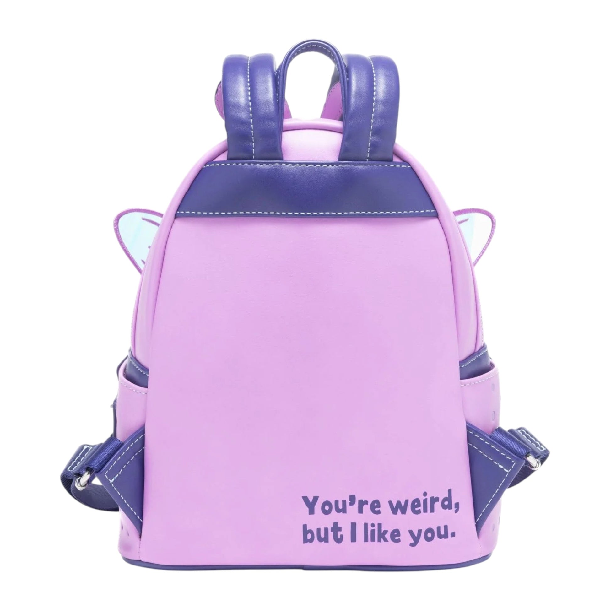 Back of Loungefly Pixar A Bug's Life Princess Dot Cosplay Mini Backpack with purple straps and 'You're weird, but I like you.' text on a white background