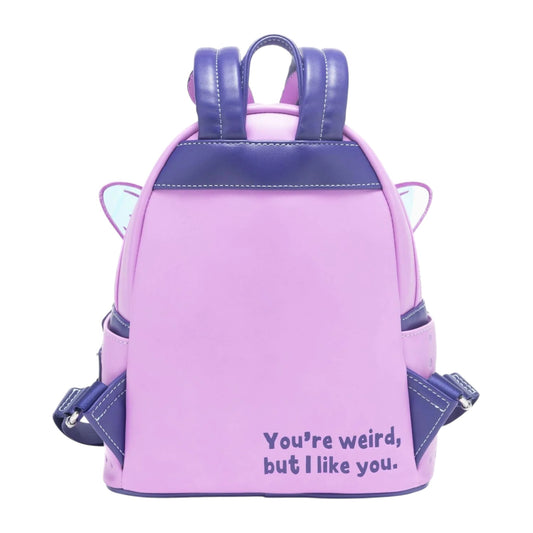 Back of Loungefly Pixar A Bug's Life Princess Dot Cosplay Mini Backpack with purple straps and 'You're weird, but I like you.' text on a white background