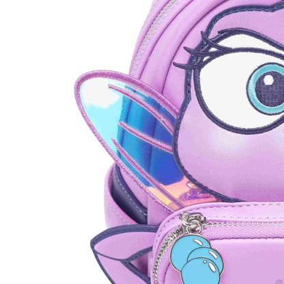 Close-up of Loungefly Pixar A Bug's Life Princess Dot Cosplay Mini Backpack with Princess Dot character with with auqu bug zipper charm on a white background