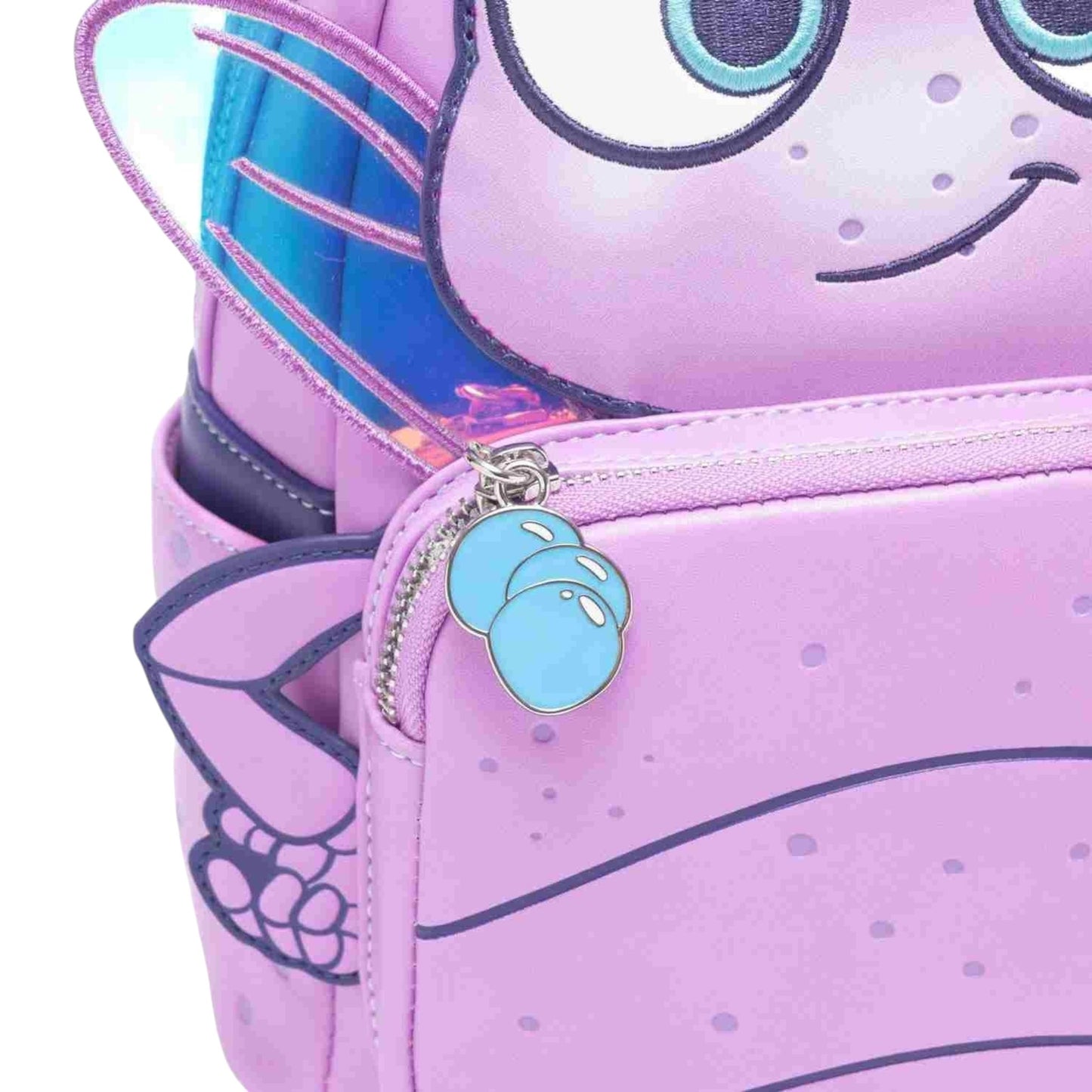 Close-up of Loungefly Pixar A Bug's Life Princess Dot Cosplay Mini Backpack with Princess Dot character with with auqu bug zipper charm on a white background