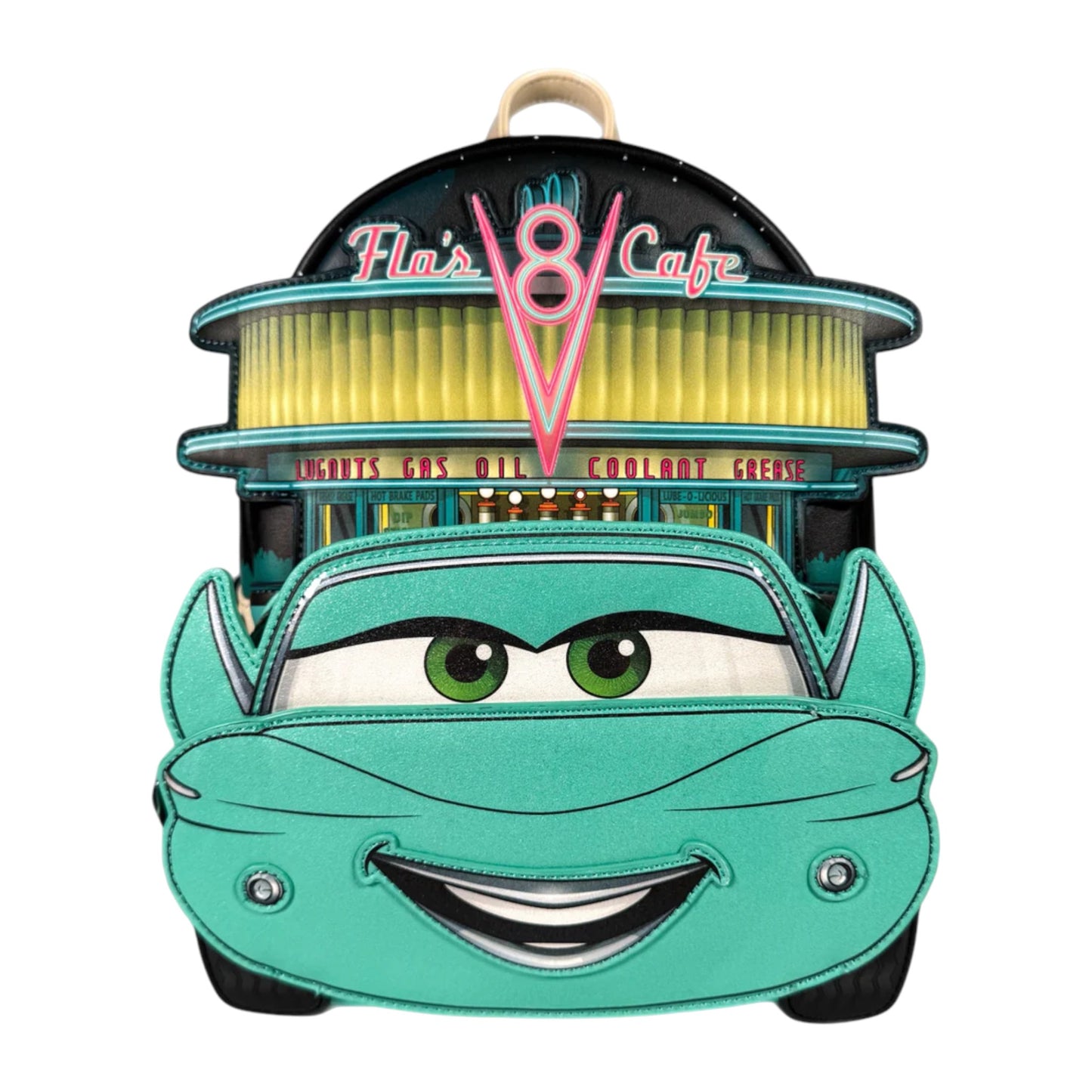 Backpack designed like Cars Flo character from 'Cars' with a diner and car face on a white background