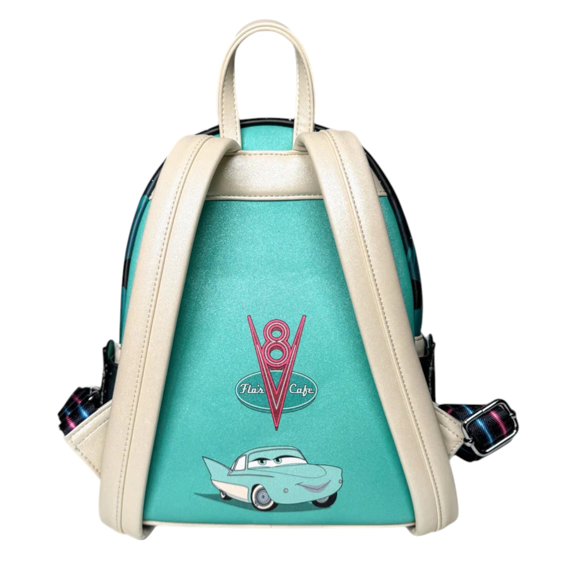 Backpack with Cars Flo, a car and 'V8' design on a teal background