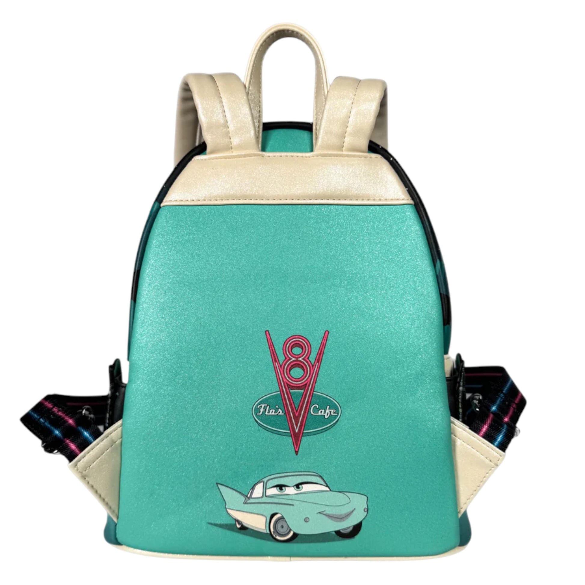 Backpack with Cars Flo, a car and 'V8' design on a teal background