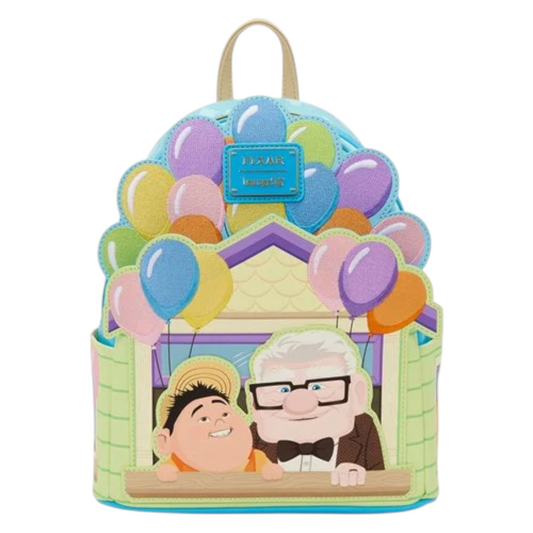 Loungefly Pixar Up Carl and Russell Mini Backpack with Carl and Russell character design and balloons, featuring a Disney Loungefly brand logo.