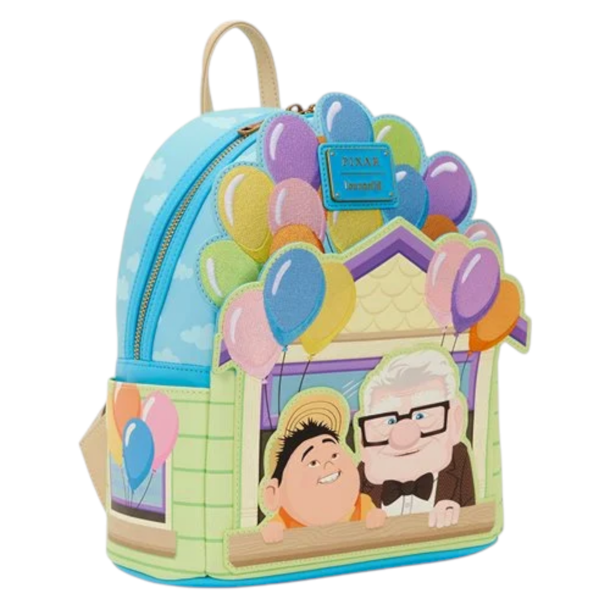 Loungefly Pixar Up Carl and Russell Mini Backpack with Carl and Russell character design and balloons, featuring a Disney Loungefly brand logo.
