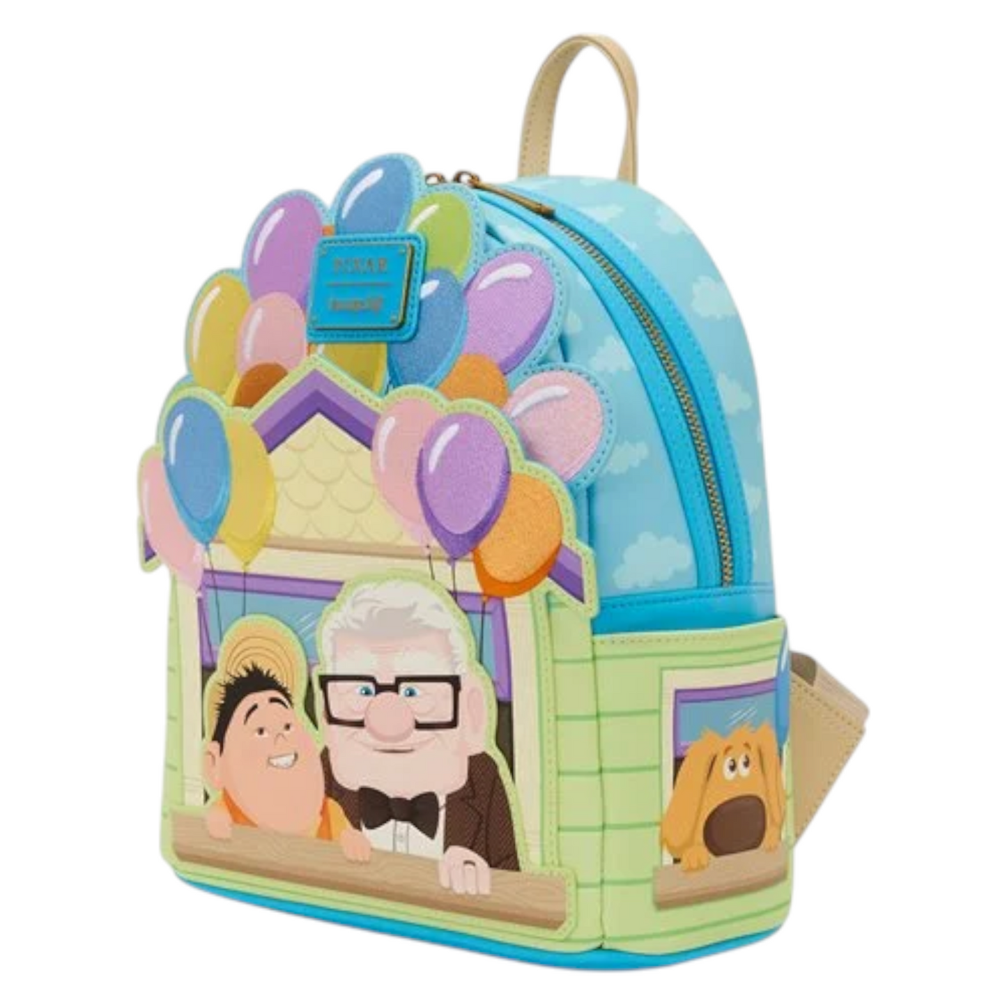 Loungefly Pixar Up Carl and Russell Mini Backpack with Carl and Russell character design and balloons, featuring a Disney Loungefly brand logo.