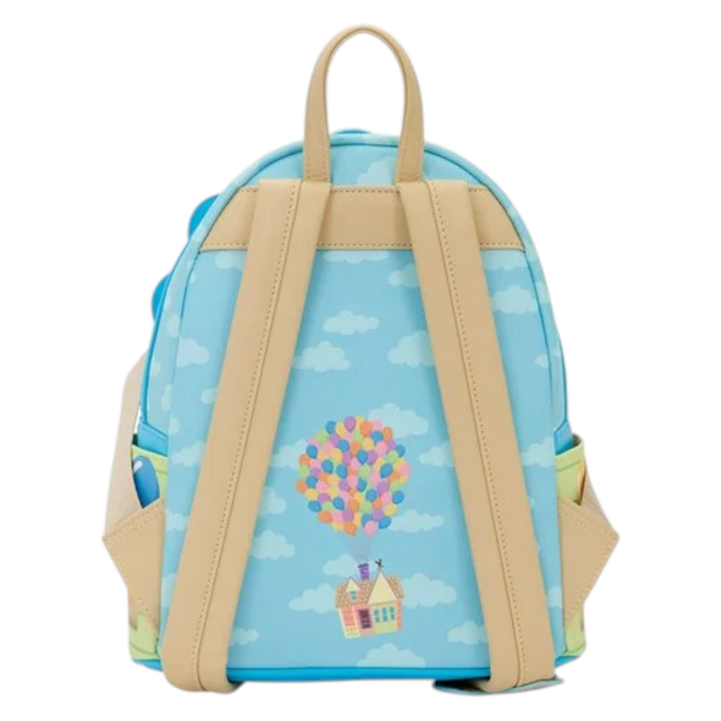 Back of Loungefly Pixar Up Carl and Russell Mini Backpack with cartoon design of a house and balloons on a blue sky background