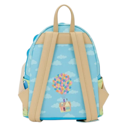 Back of Loungefly Pixar Up Carl and Russell Mini Backpack with cartoon design of a house and balloons on a blue sky background