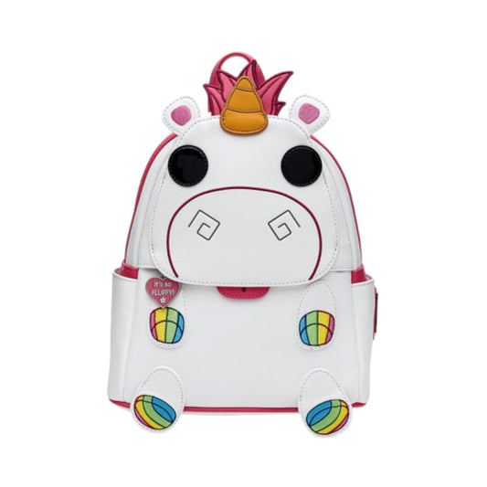Minions Fluffy Unicorn Mini Backpack shaped like a unicorn with a rainbow-colored horn and feet on a white background.