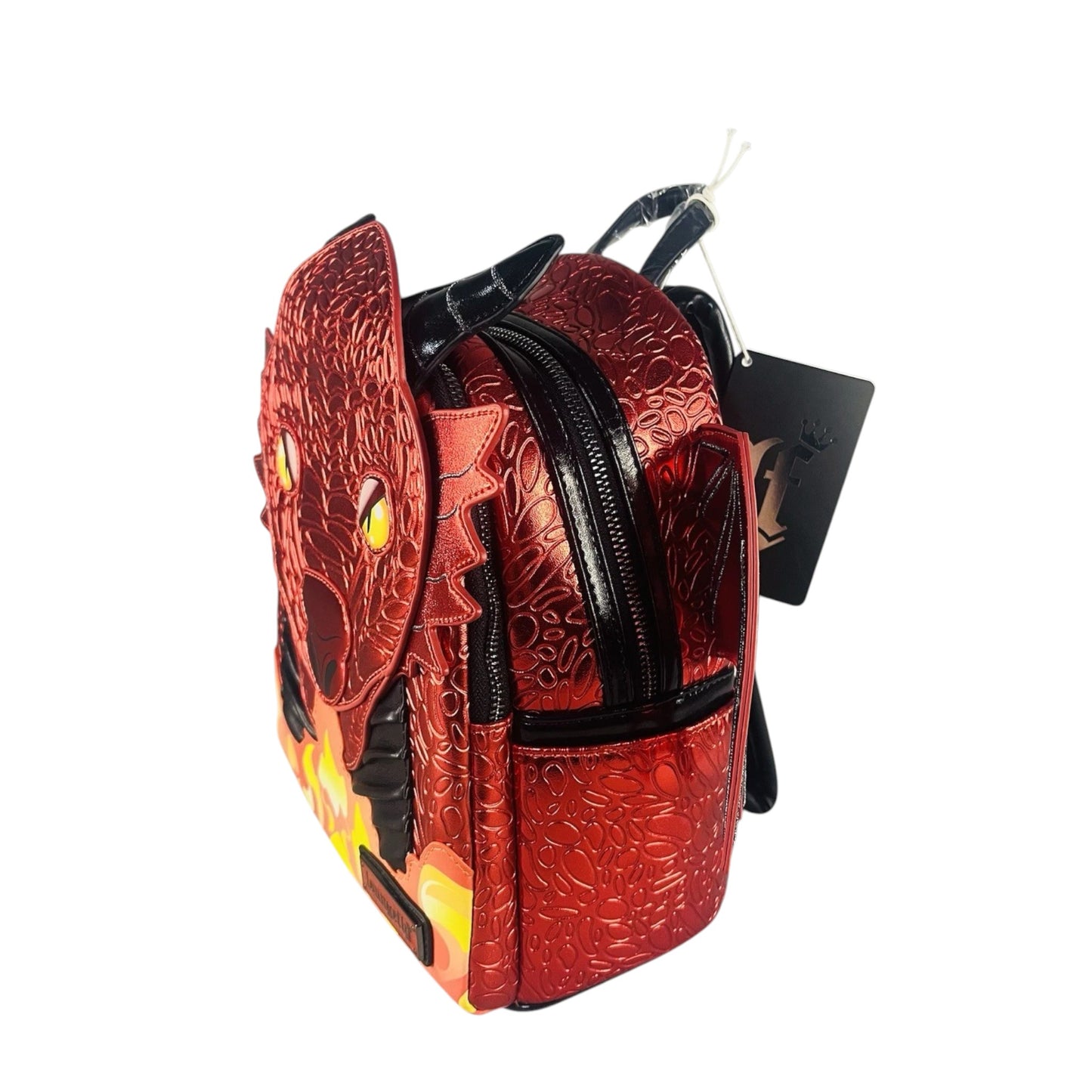 Red dragon-shaped Red Dragon Mini Backpack with a visible brand tag on a white background