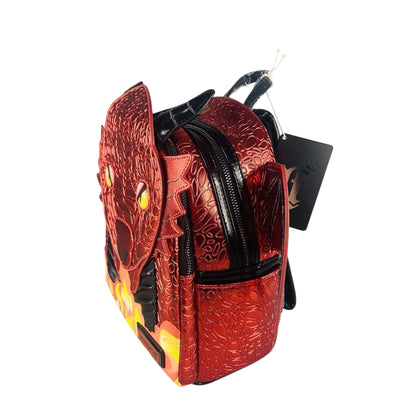 Red dragon-shaped Red Dragon Mini Backpack with a visible brand tag on a white background