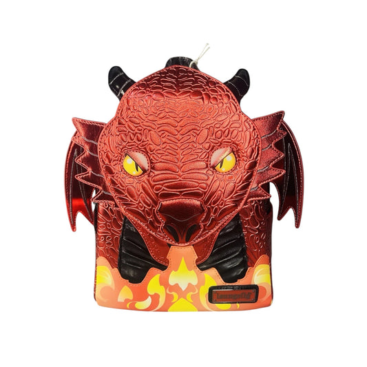 Dragon-shaped Red Dragon Mini Backpack with red and black design on a white background