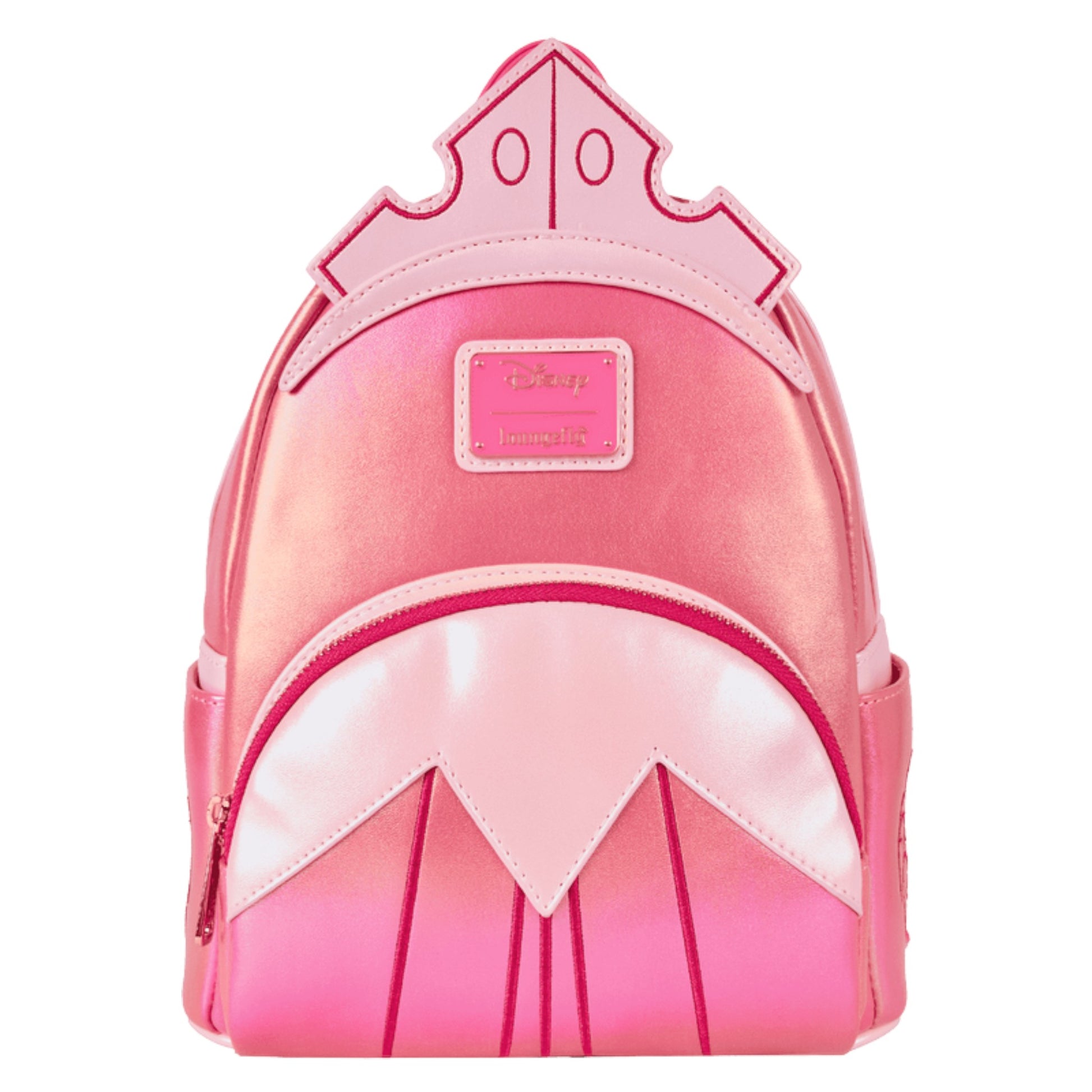 Pink castle-shaped Sleeping Beauty Exclusive Shiny Series Iridescent backpack on a white background