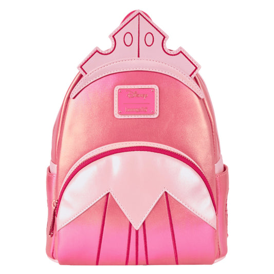 Pink castle-shaped Sleeping Beauty Exclusive Shiny Series Iridescent backpack on a white background