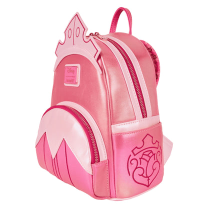 Pink Sleeping Beauty Exclusive Shiny Series Iridescent backpack with princess castle design on a white background