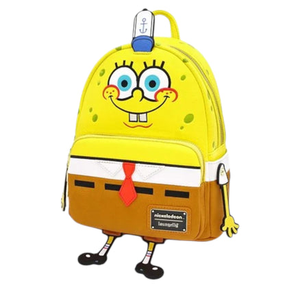 Loungefly Nickelodeon SpongeBob SquarePants Cosplay Mini Backpack designed like SpongeBob SquarePants wearing a white shirt, red tie, and brown pants with a white background