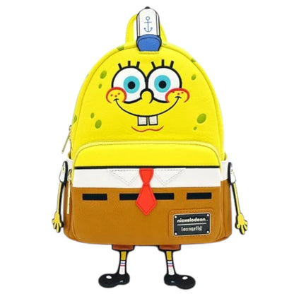 Loungefly Nickelodeon SpongeBob SquarePants Cosplay Mini Backpack designed like SpongeBob SquarePants wearing a white shirt, red tie, and brown pants with a white background