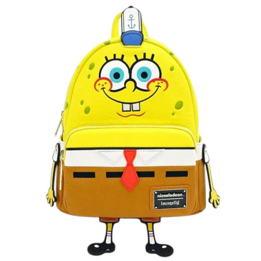 Loungefly Nickelodeon SpongeBob SquarePants Cosplay Mini Backpack designed like SpongeBob SquarePants wearing a white shirt, red tie, and brown pants with a white background