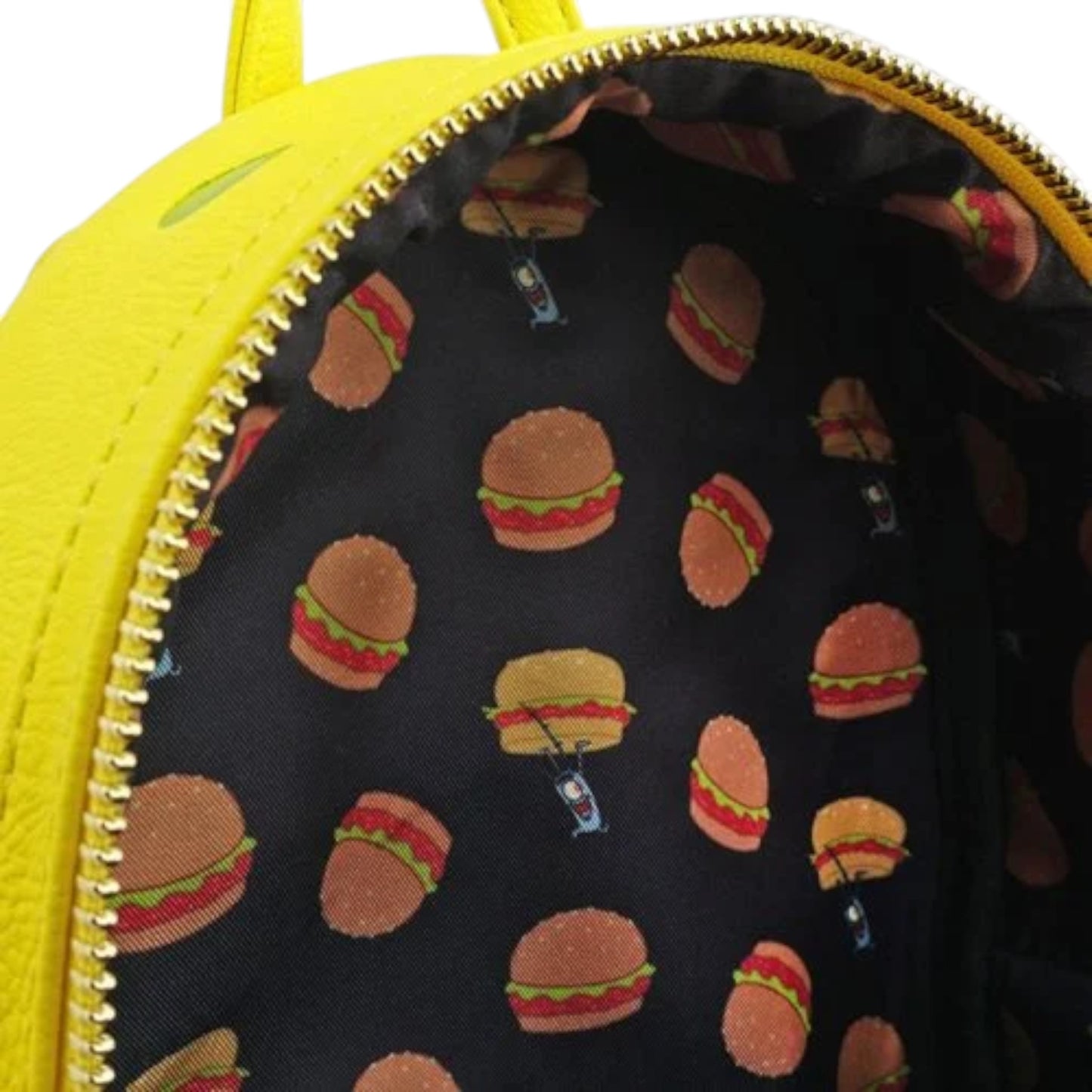 Inside of Loungefly Nickelodeon SpongeBob SquarePants Cosplay Mini Backpack with a black interior featuring hamburger patterns.