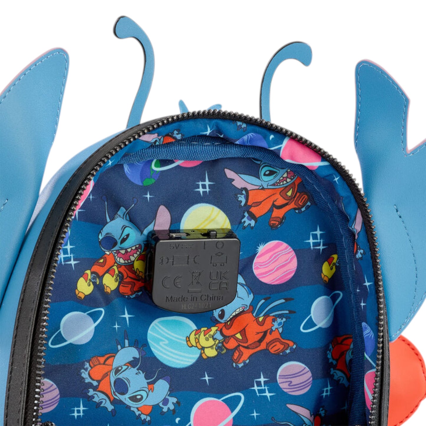 Stitch Collection Experiment 626 Spacesuit Light-Up Mini Backpack with Stitch character design with blasters on a blue background