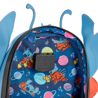 Stitch Collection Experiment 626 Spacesuit Light-Up Mini Backpack with Stitch character design with blasters on a blue background