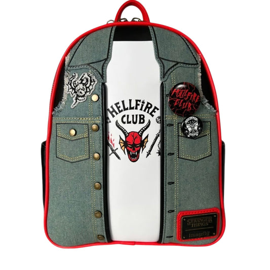 Loungefly Stranger Things Eddie Munson Hellfire Club Cosplay Mini Backpack with 'Hellfire Club' design and patches on a white background