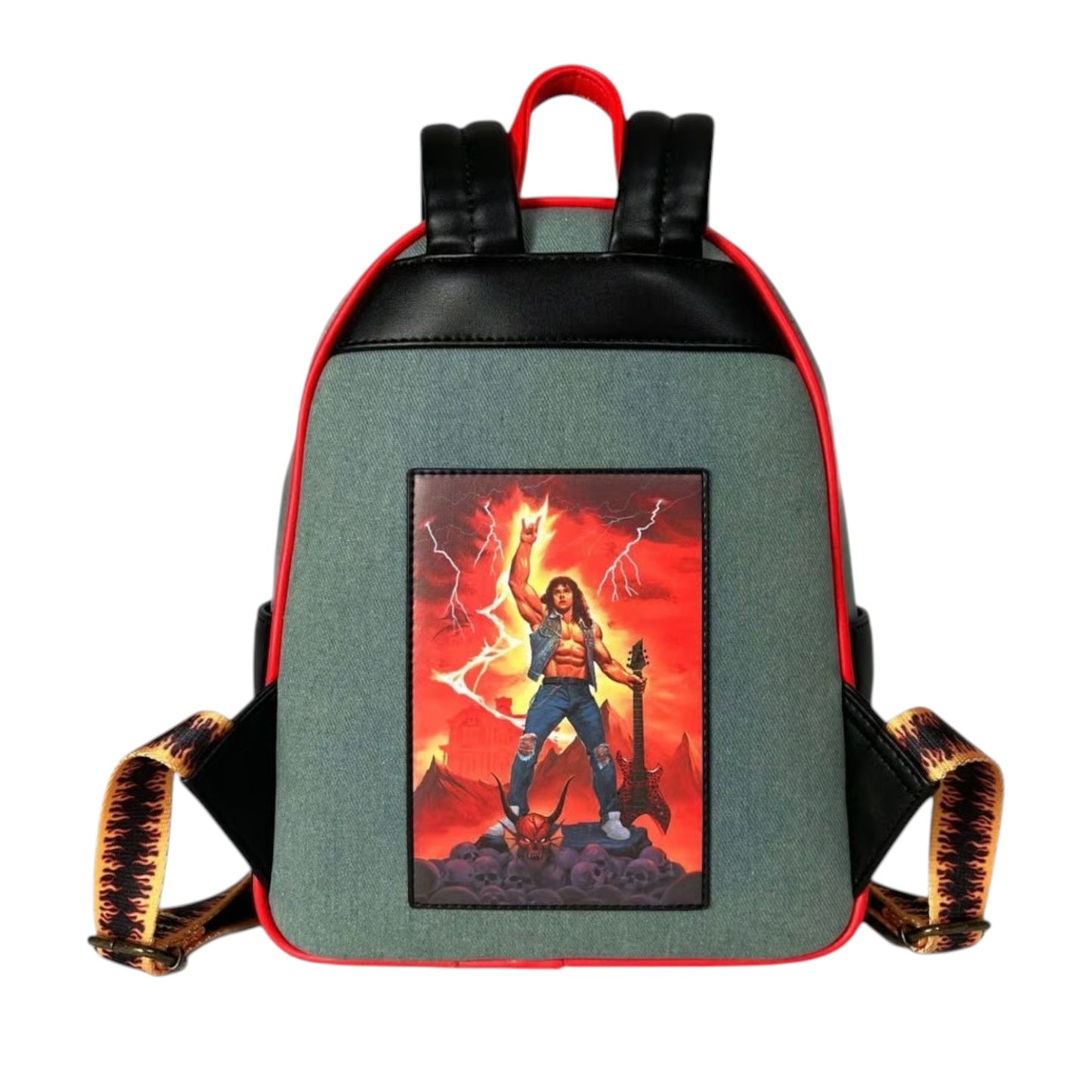 Back of Loungefly Stranger Things Eddie Munson Hellfire Club Cosplay Mini Backpack with a graphic design of Eddie Munson holding a guitar on a white background