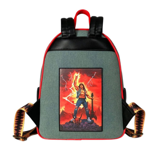 Back of Loungefly Stranger Things Eddie Munson Hellfire Club Cosplay Mini Backpack with a graphic design of Eddie Munson holding a guitar on a white background