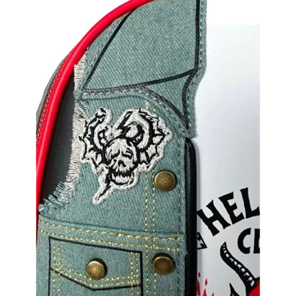 Close-up of Loungefly Stranger Things Eddie Munson Hellfire Club Cosplay Mini Backpack with a patch and a visible Hellfire Club logo.