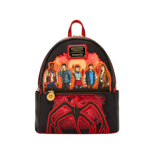 Loungefly Stranger Things Group Portrait Light Up Mini Backpack with graphic design of five TV Show characters and a mindflayer emblem on a white background
