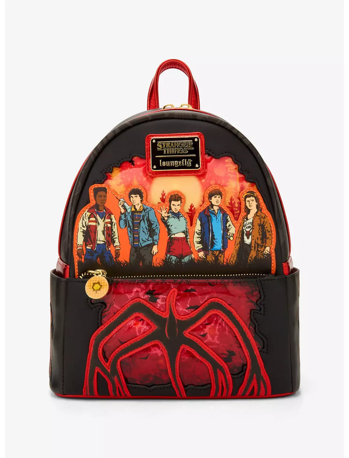 Stranger Things Group Portrait Light Up Mini Backpack and the Mind Flayer character underneath on a white background
