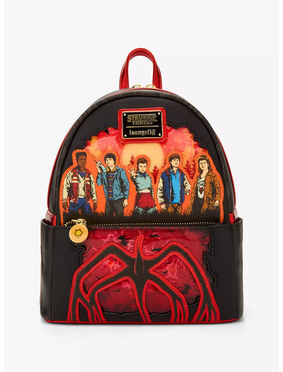 Stranger Things Group Portrait Light Up Mini Backpack and the Mind Flayer character underneath on a white background