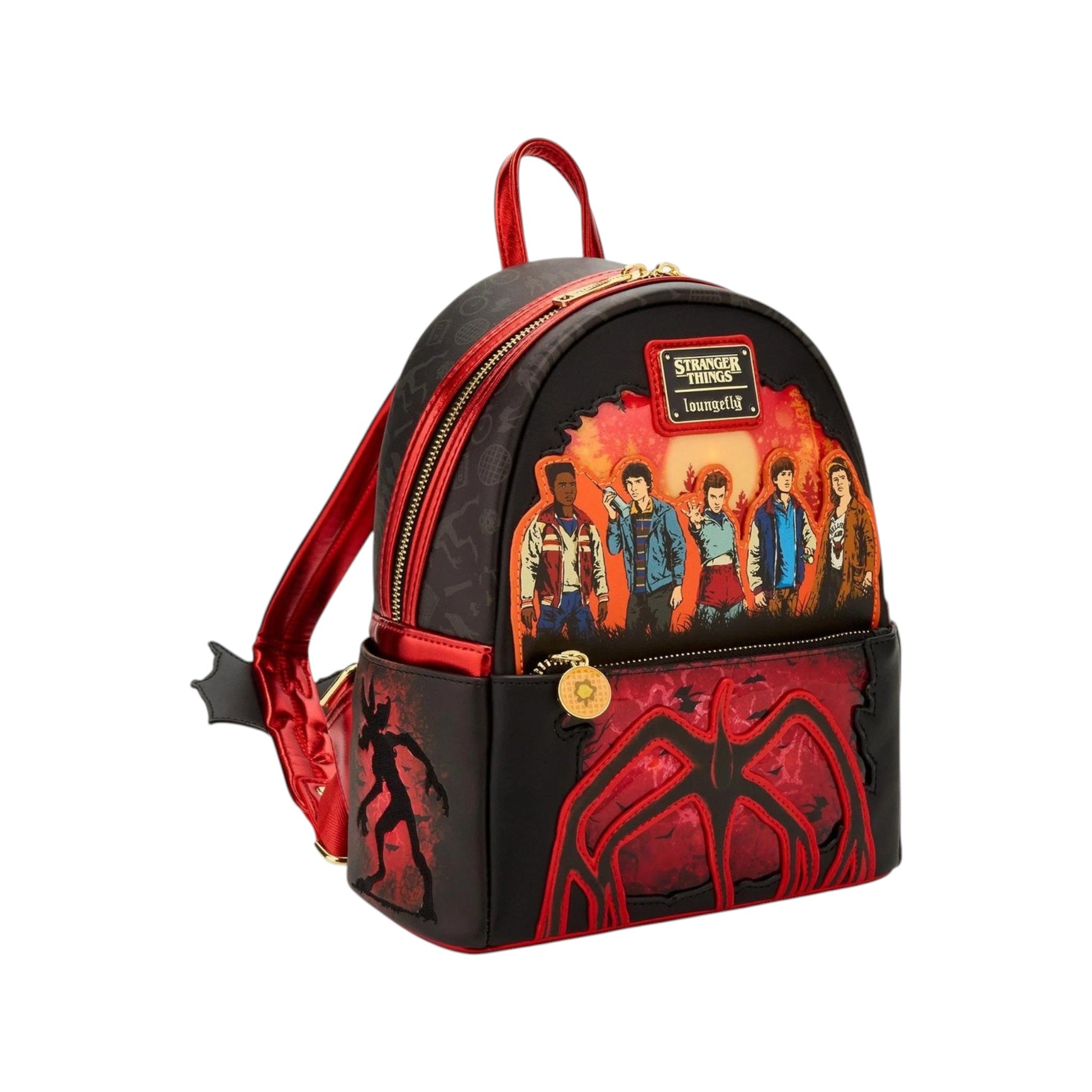 Loungefly Stranger Things Group Portrait Light Up Mini Backpack with graphic design of five TV Show characters and a mindflayer emblem on a white background