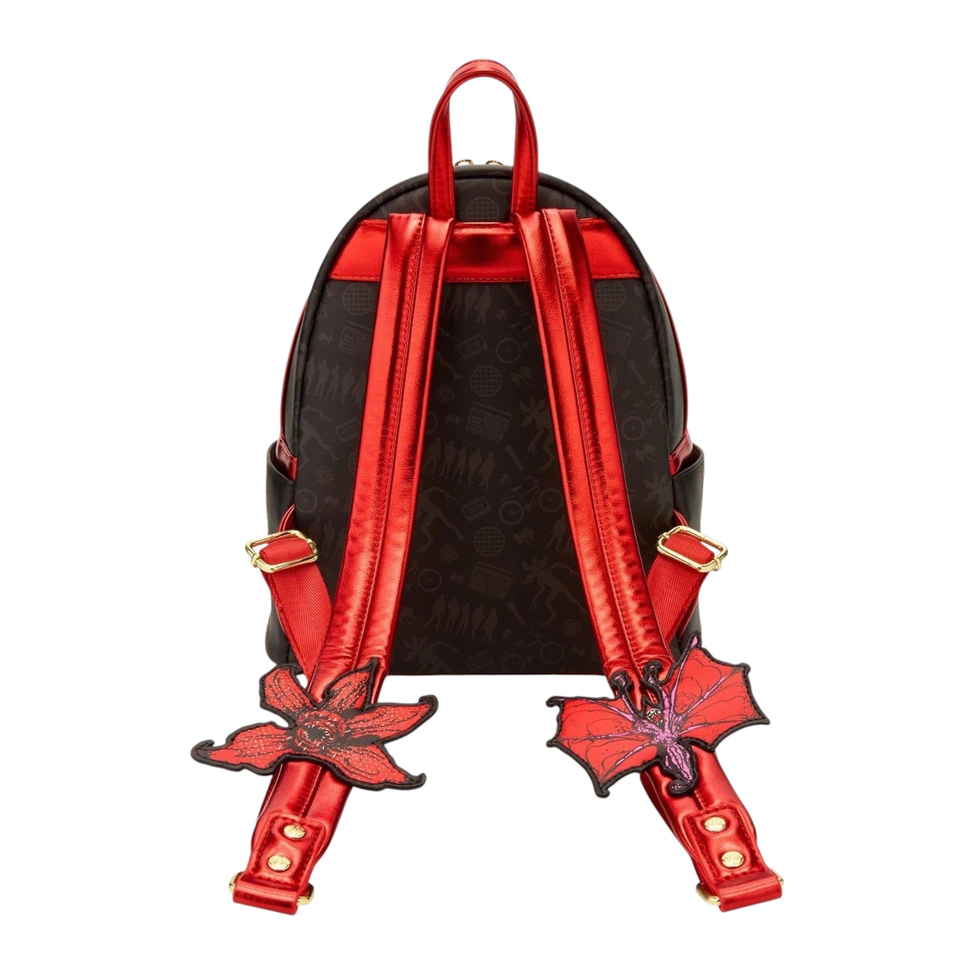 Black backpack with red straps and decorative character elements on a white background
