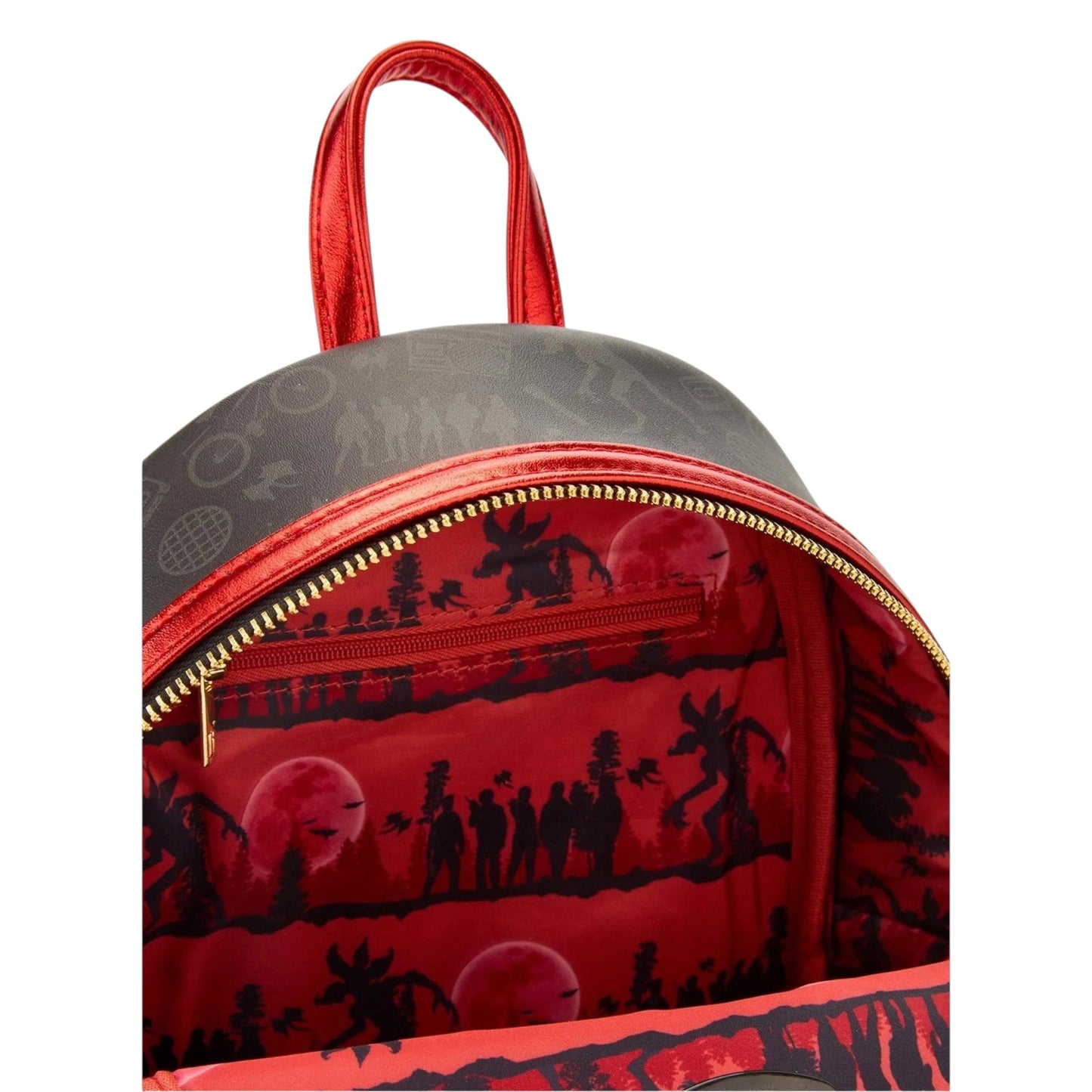 Inside of Loungefly Stranger Things Group Portrait Light Up Mini Backpack with graphic design of five TV Show characters and a mindflayer emblem on a white background 