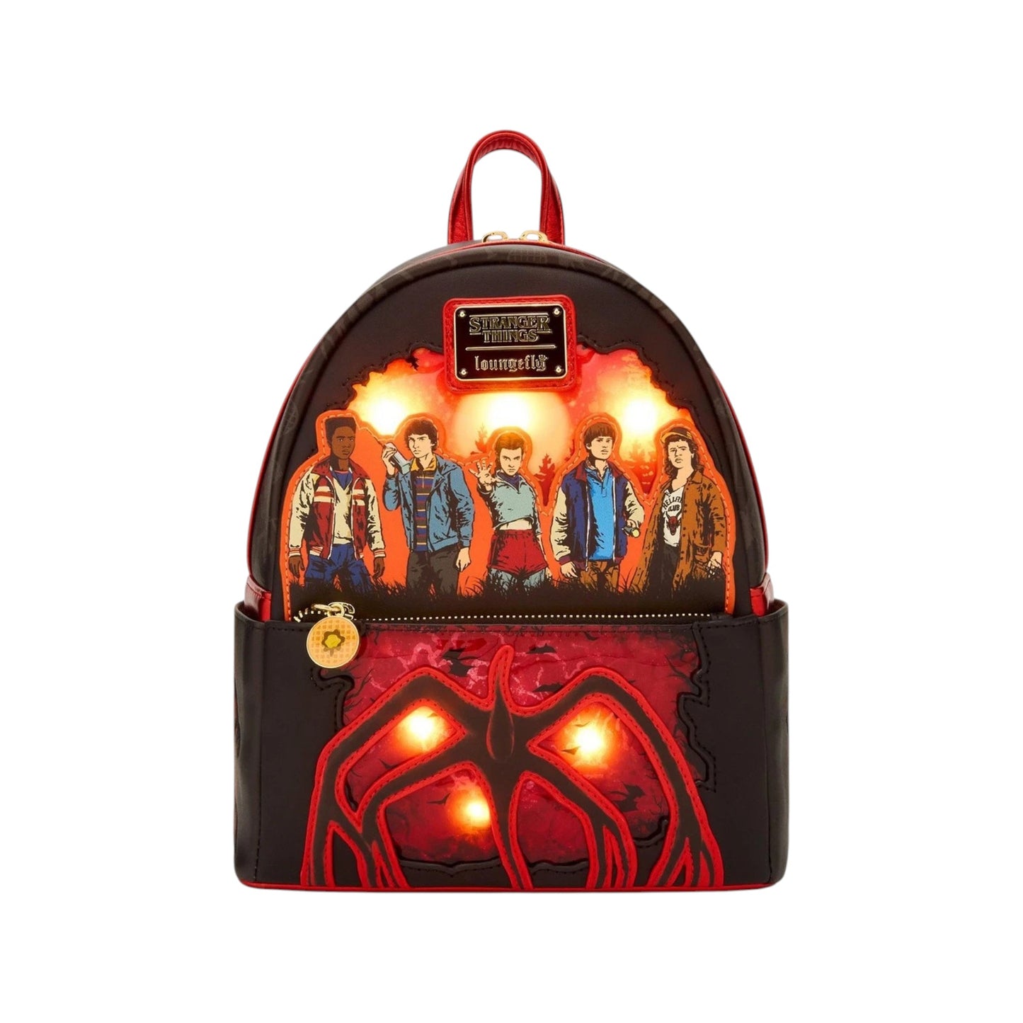 Loungefly Stranger Things Group Portrait Light Up Mini Backpack with graphic design of five TV Show characters and a mindflayer emblem and glowing elements on a white background