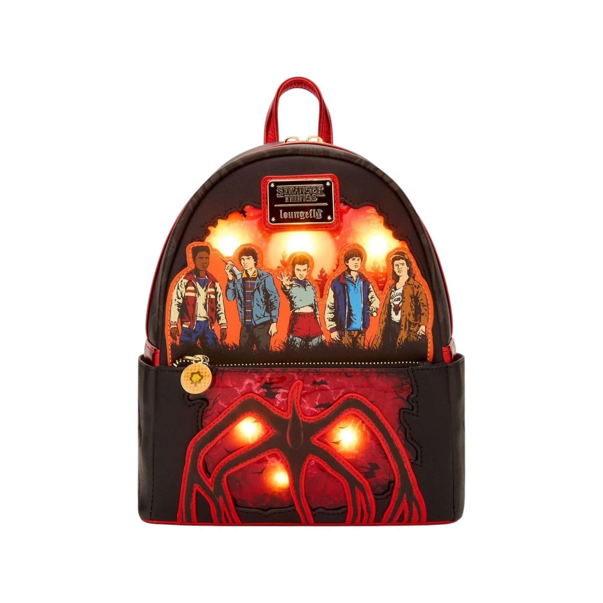Loungefly Stranger Things Group Portrait Light Up Mini Backpack with graphic design of five TV Show characters and a mindflayer emblem and glowing elements on a white background