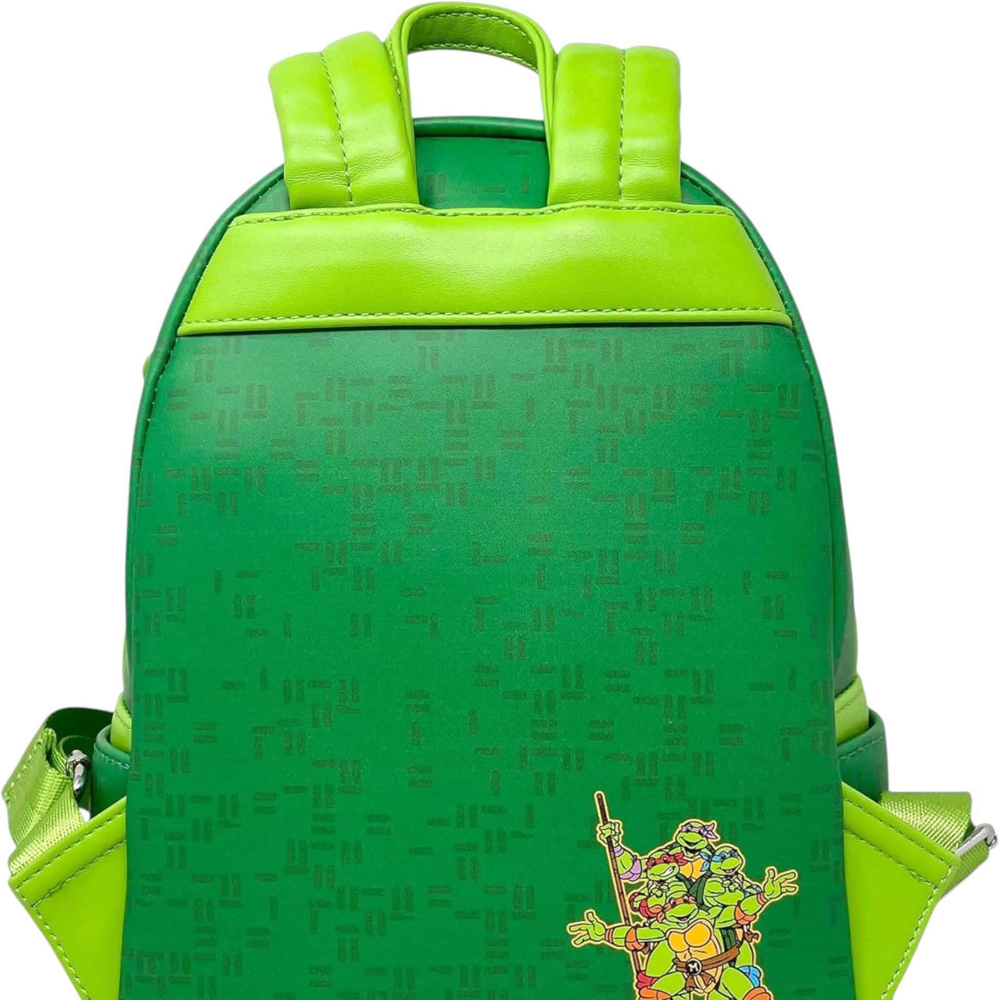 Green backpack with a Teenage Mutant Ninja Turtles Squad characters on a white background