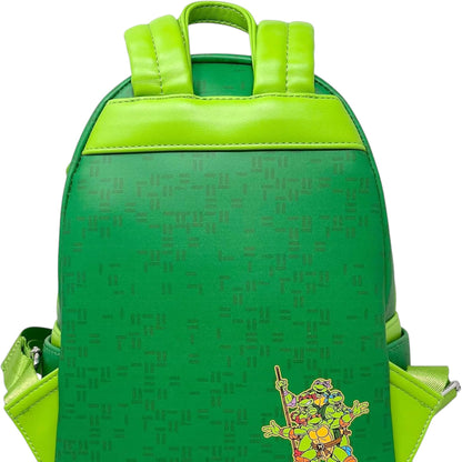 Green backpack with a Teenage Mutant Ninja Turtles Squad characters on a white background