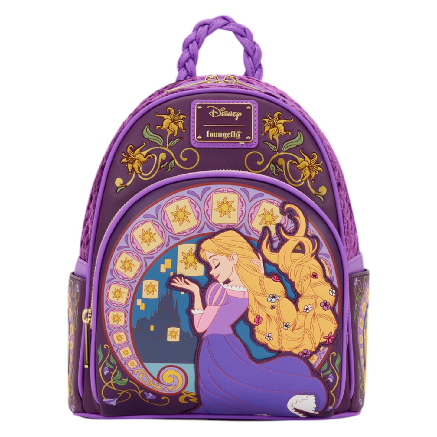 Loungefly Tangled Rapunzel Exclusive Lanterns Quilted Mini Backpack with Rapunzel and lanterns design on a white background