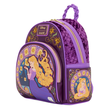 Loungefly Tangled Rapunzel Exclusive Lanterns Quilted Mini Backpack with Rapunzel and lanterns design on a white background