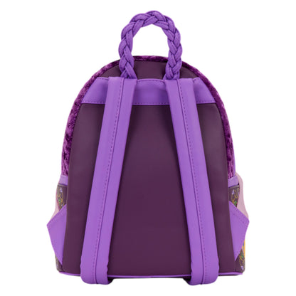 Back of Loungefly Tangled Rapunzel Exclusive Lanterns Quilted Mini Backpack with purple braided handle and purple straps on a white background