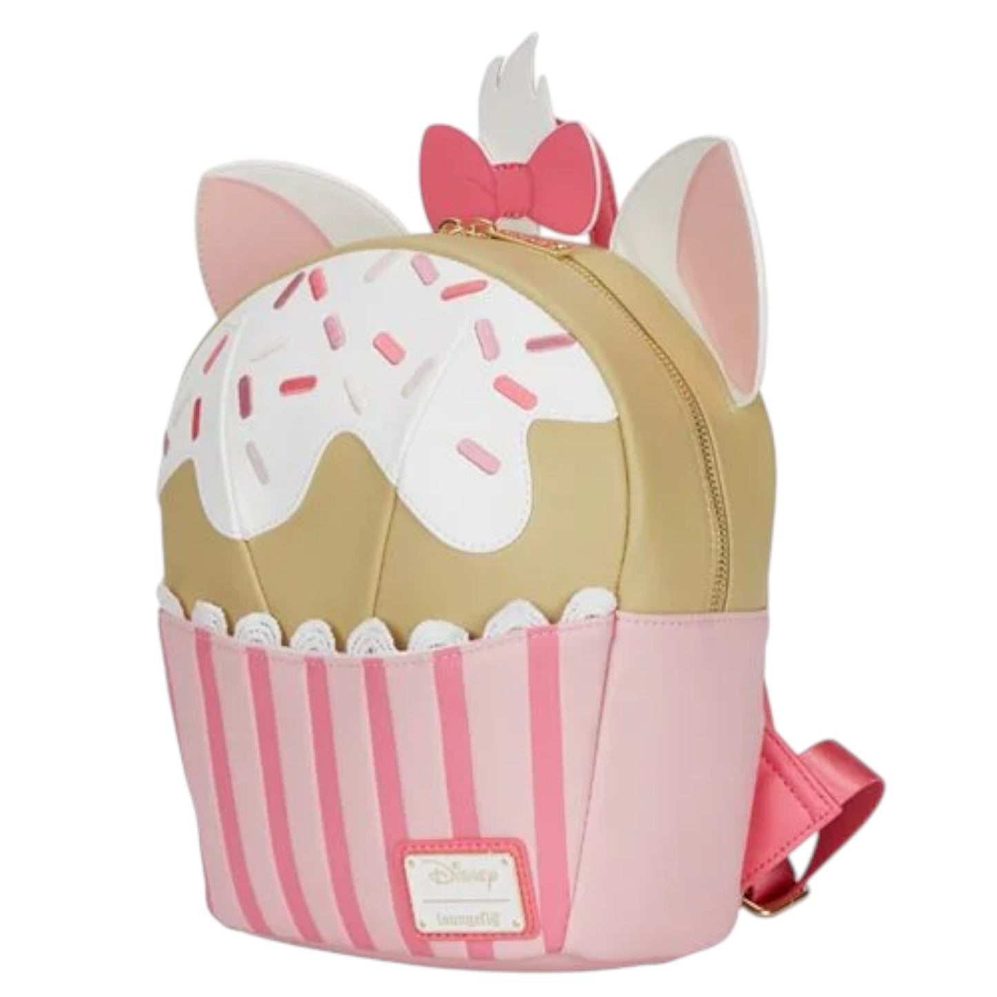 Marie Cupcake backpack with pink bow, sprinkles and ears on a white background