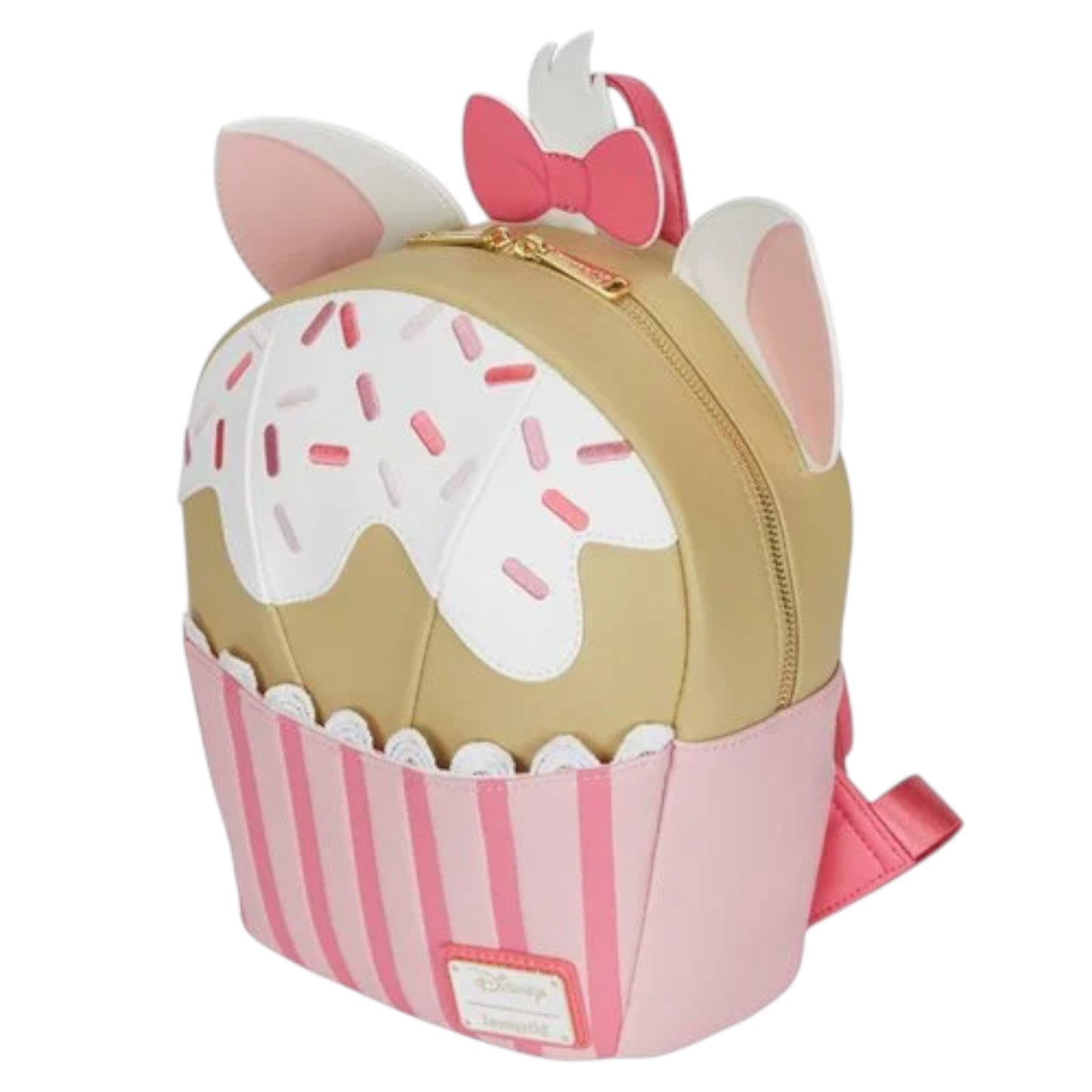 Marie Cupcake backpack with pink bow, sprinkles and ears on a white background