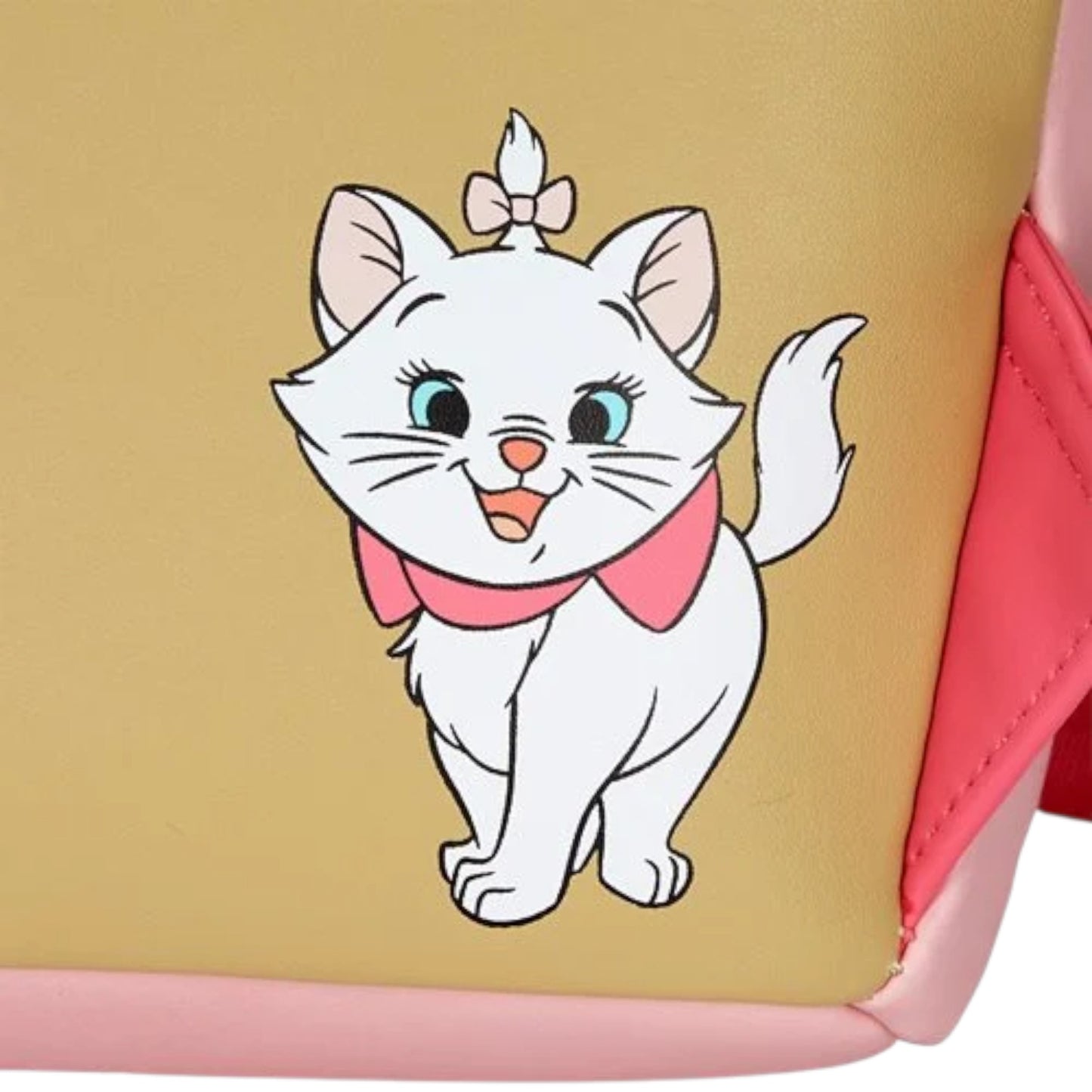 Marie character on the back of the backpack with a gold and pink background
