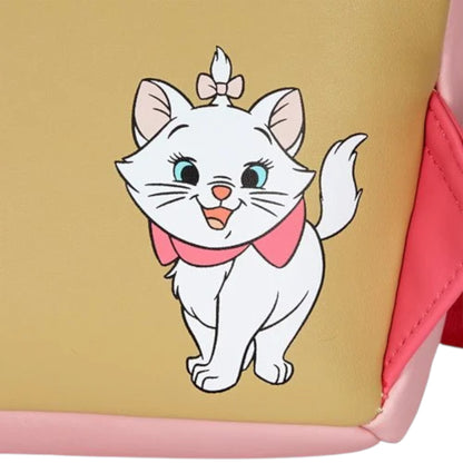 Marie character on the back of the backpack with a gold and pink background