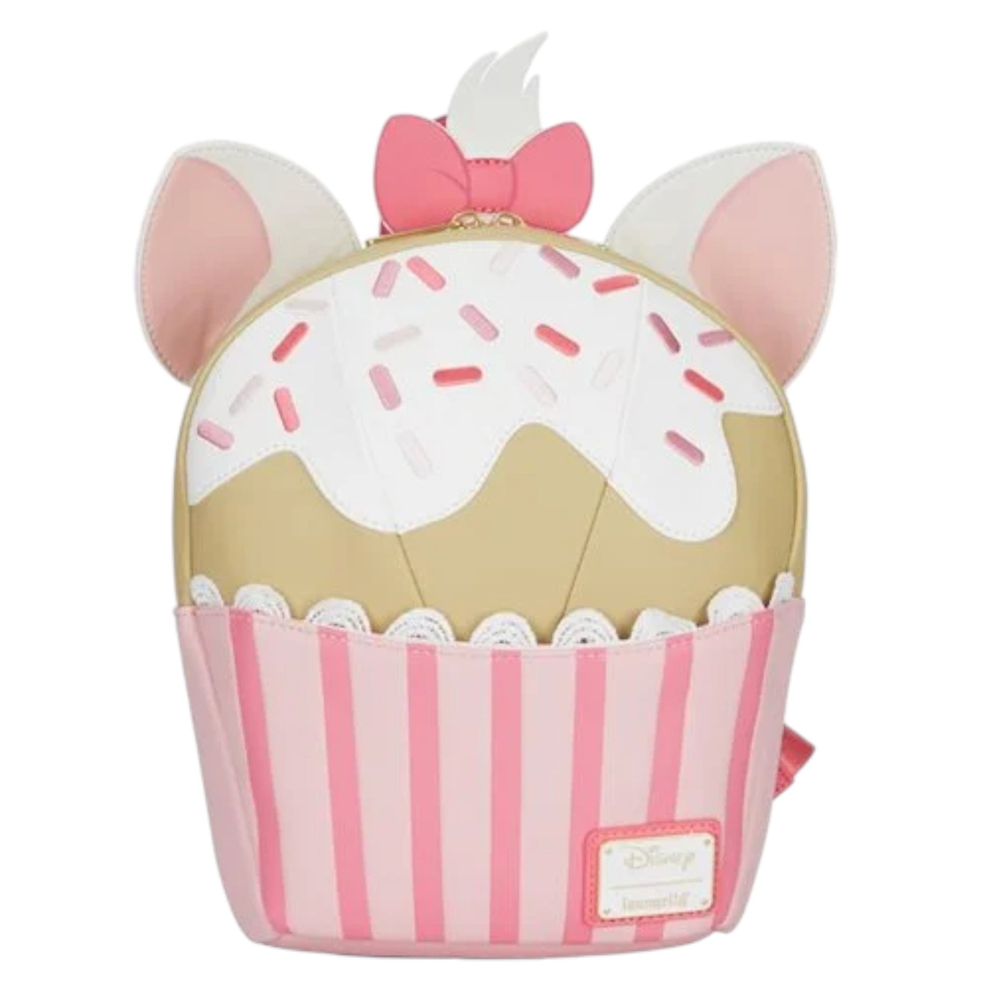 Marie Cupcake backpack with pink bow and white sprinkles on a white background